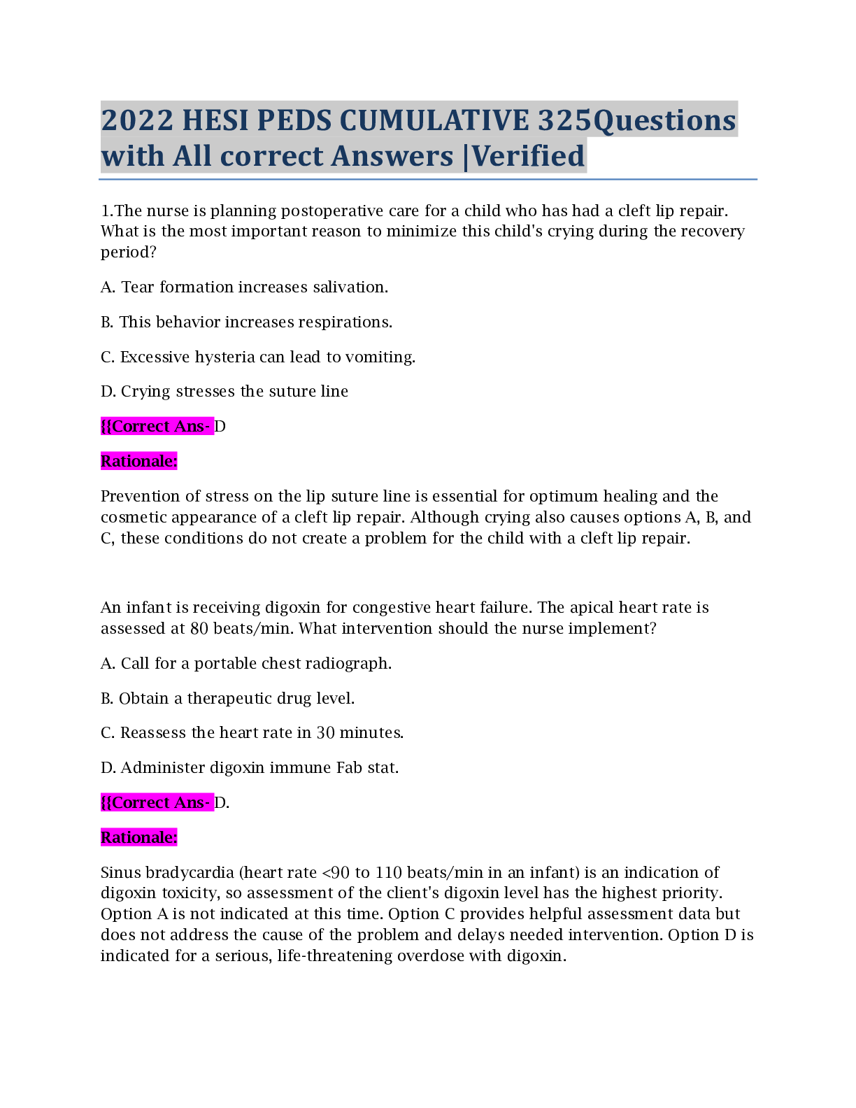 Preview image for 2022 HESI PEDS CUMULATIVE 325Questions with All correct Answers |Verified